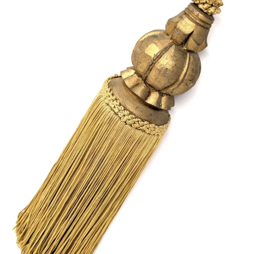 Vintage Curtain Tieback Gold Carved Wood Silk Tassel Regency Luxury Large 31